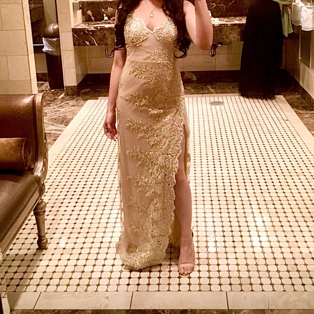 Gold Long Slit Embroidered Evening Gown